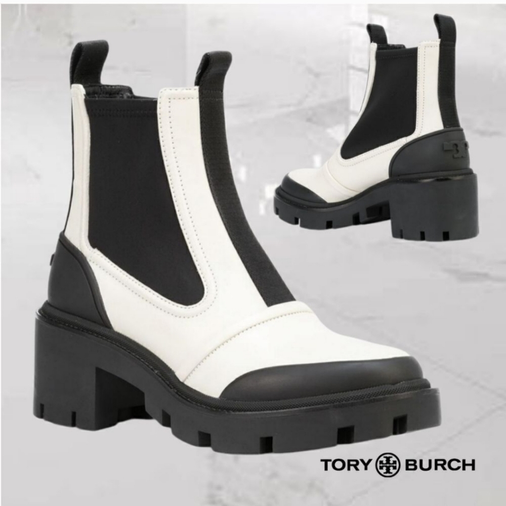 Tory Burch Chelsea Lug Boots White Black Leather Color Block Heels Ankle Sz 6